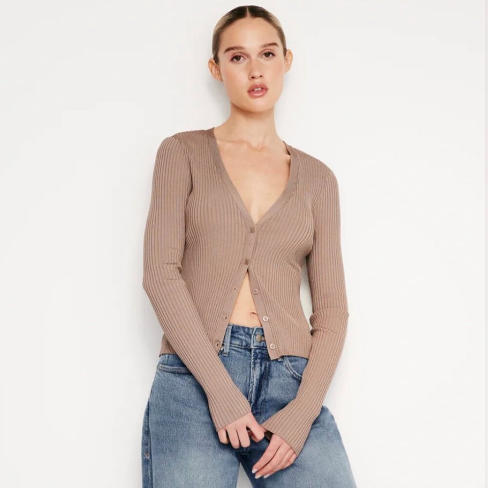 Good American Ribbed Button-Front Cardigan in Mauve